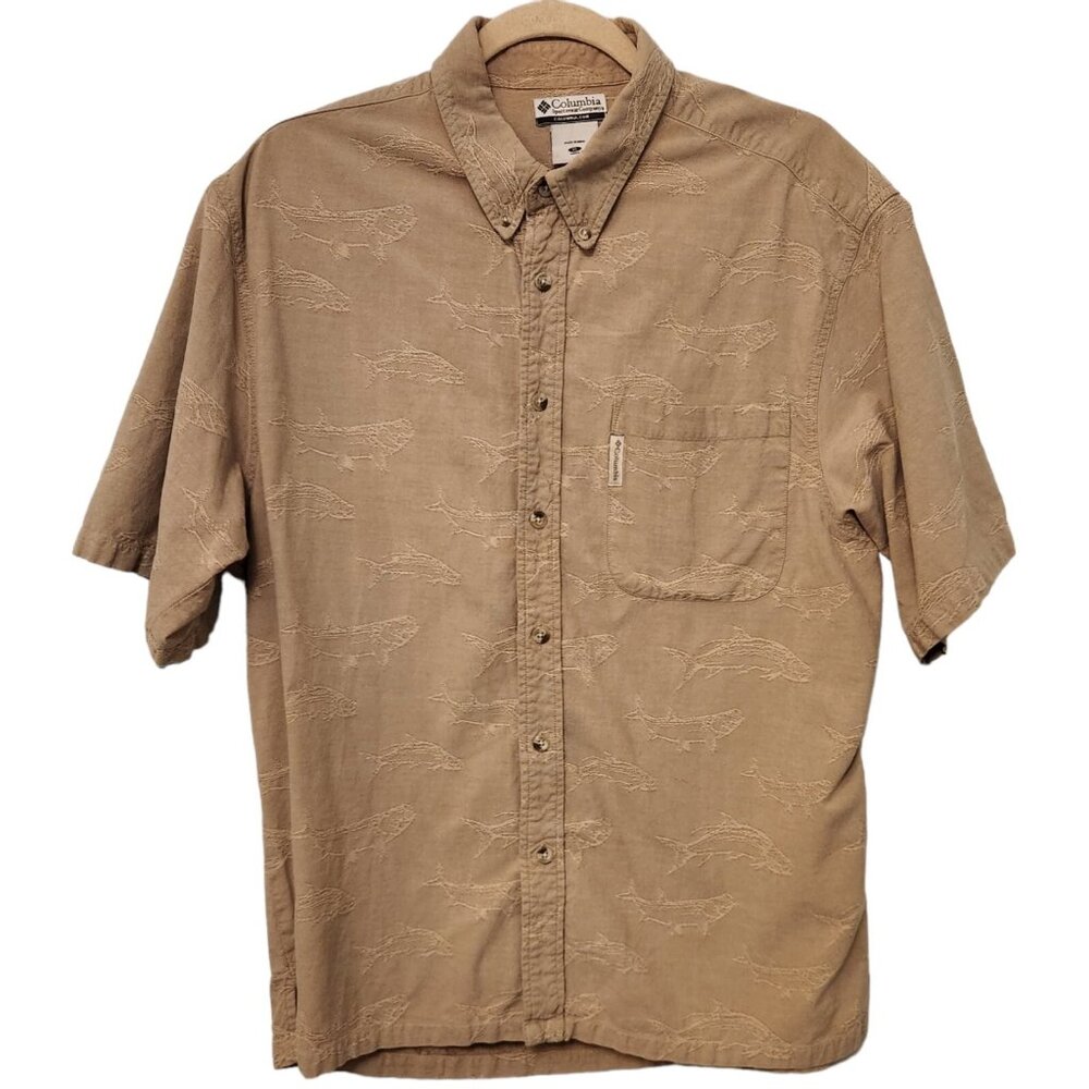 Columbia Button Up‎ Shirt Embroidered Fish Print Short Sleeve Outdoor Mens XL